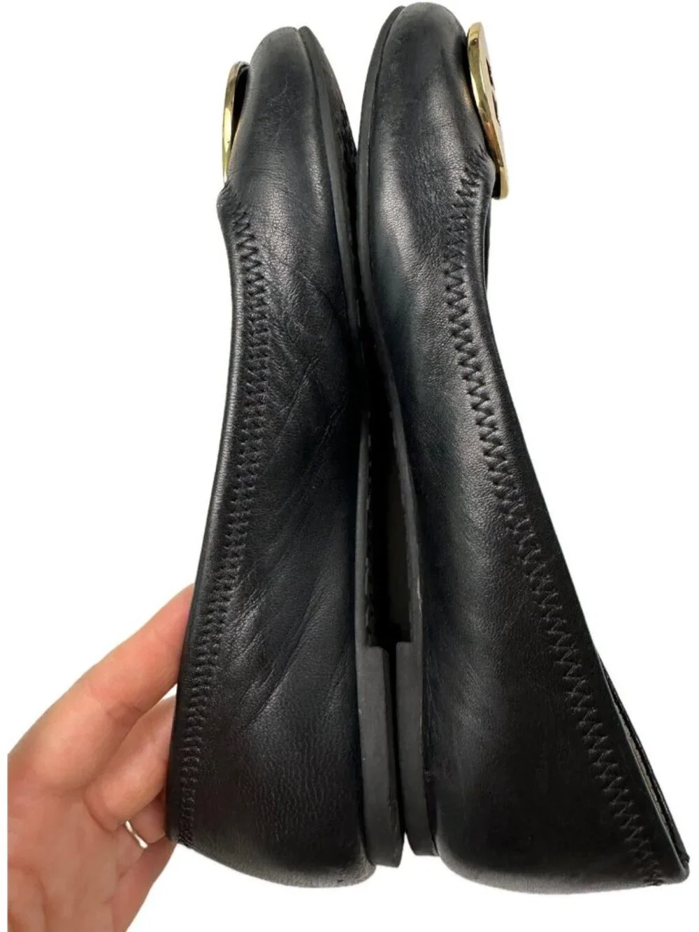 Tory Burch Black Leather Travel Ballet Flats Gold Logo 5.5 M